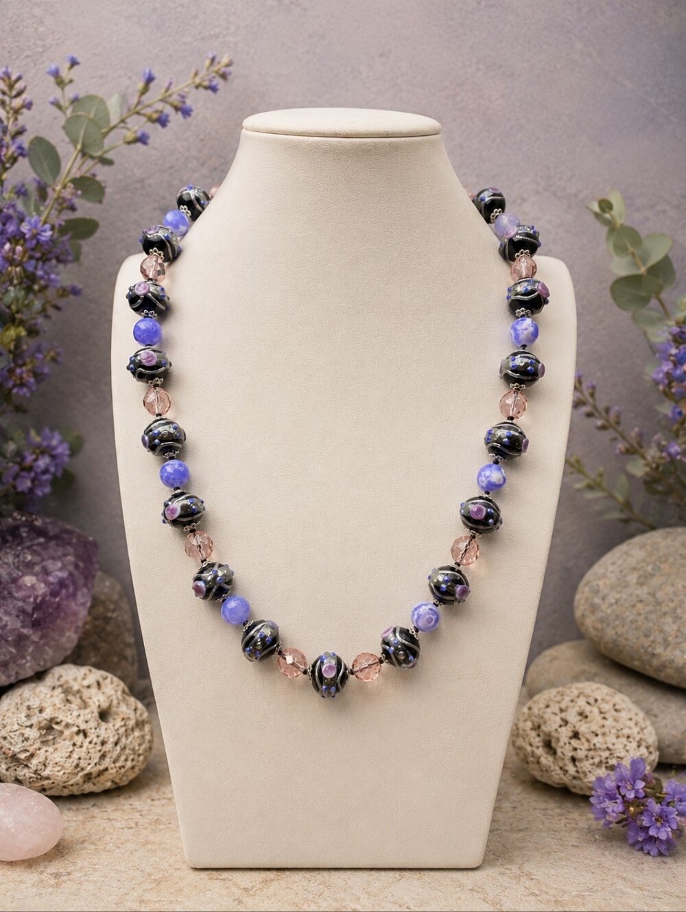 22” Hand Knotted Aprilsplace Rare Wedding Cake Necklace Snakeskin Agate, Crystal